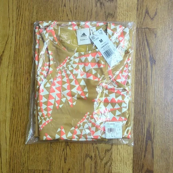 NWT FARM Rio Victory Gold Abstract Wave Print Midi Dress Adidas Collab - Picture 7 of 7